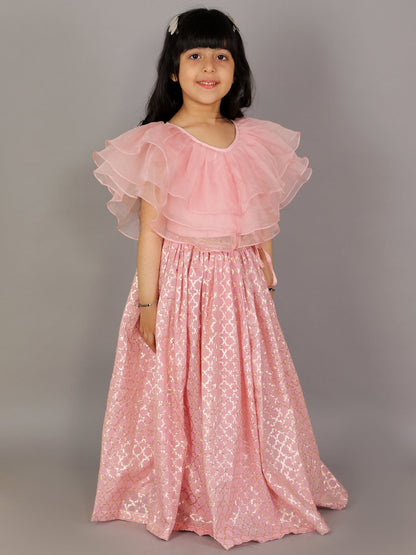Light Pink Organza Ruffled blouse with Cotton Zari Lehnga (Sale)