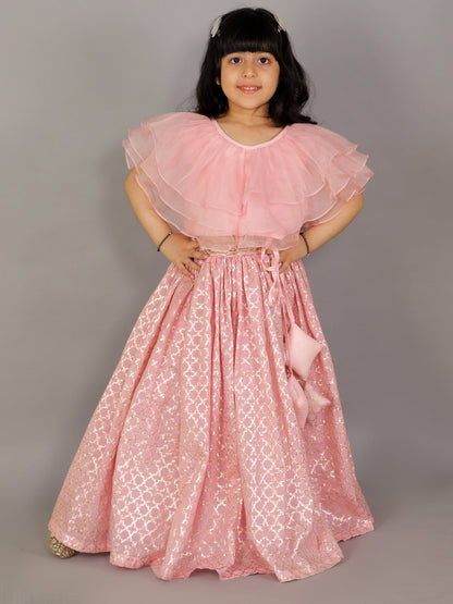 Light Pink Organza Ruffled blouse with Cotton Zari Lehnga (Sale)