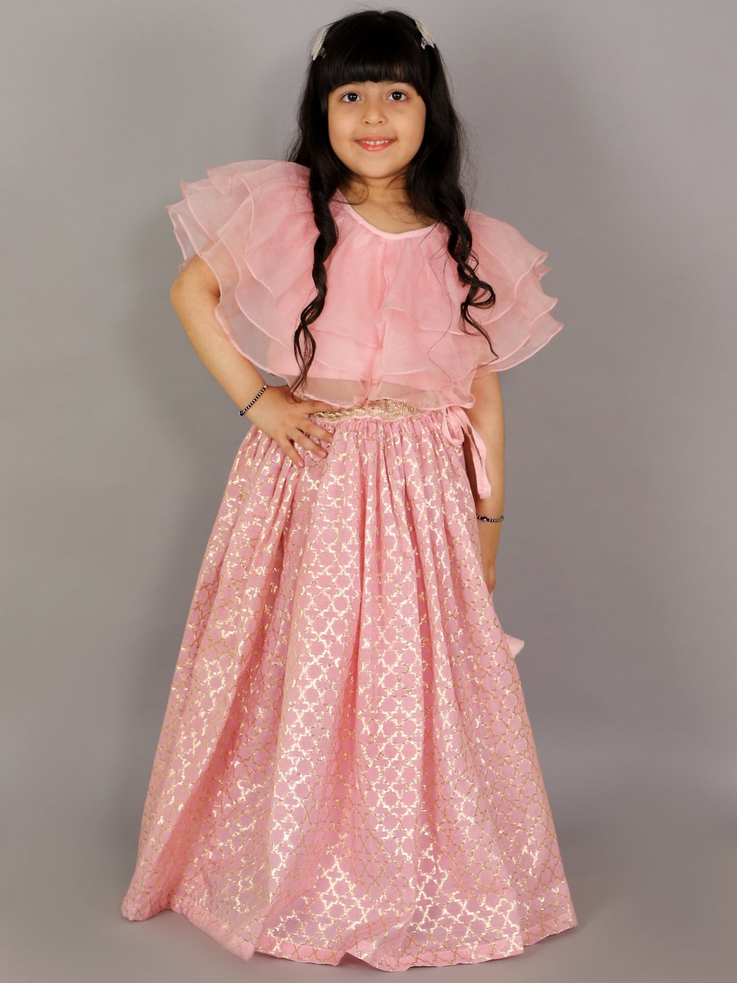 Light Pink Organza Ruffled blouse with Cotton Zari Lehnga (Sale)