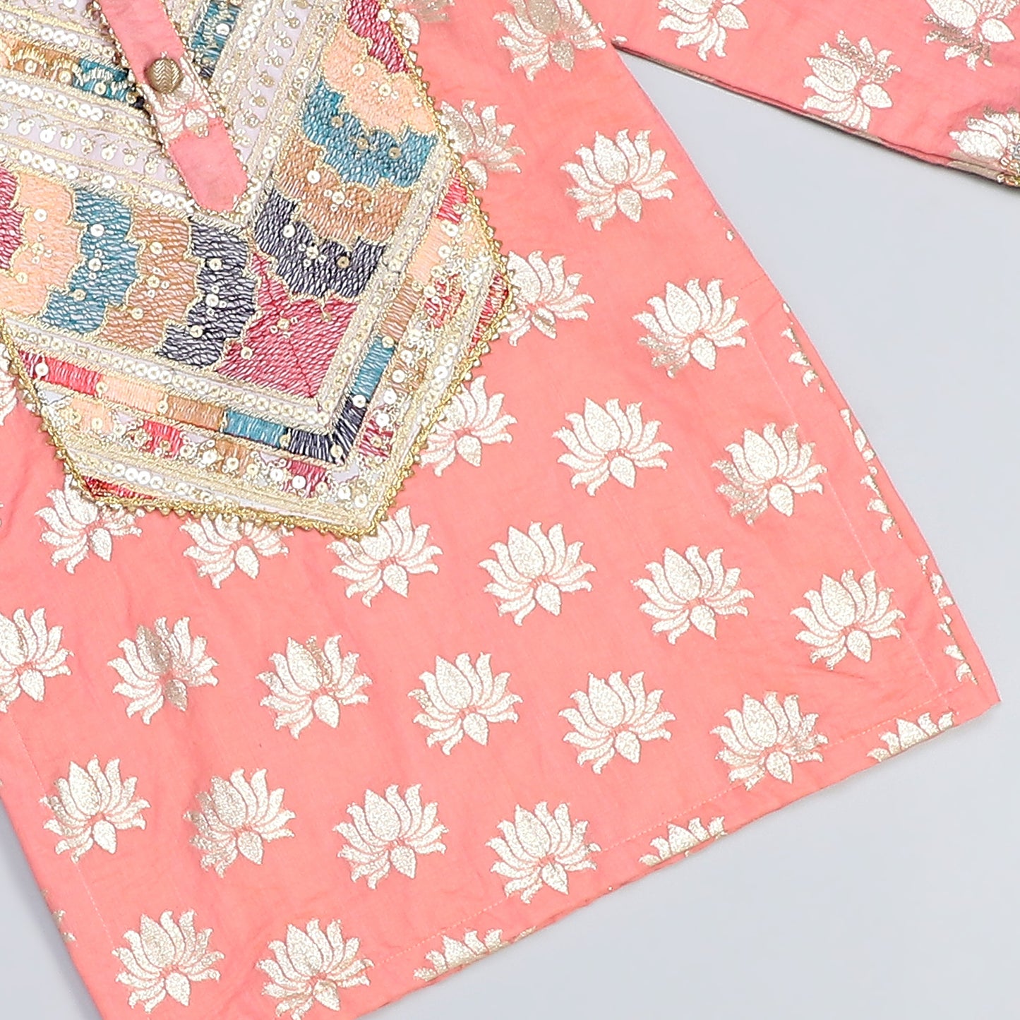 peach lotus print with yoke embroidery kurta payjama set