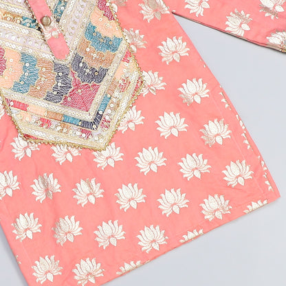 peach lotus print with yoke embroidery kurta payjama set