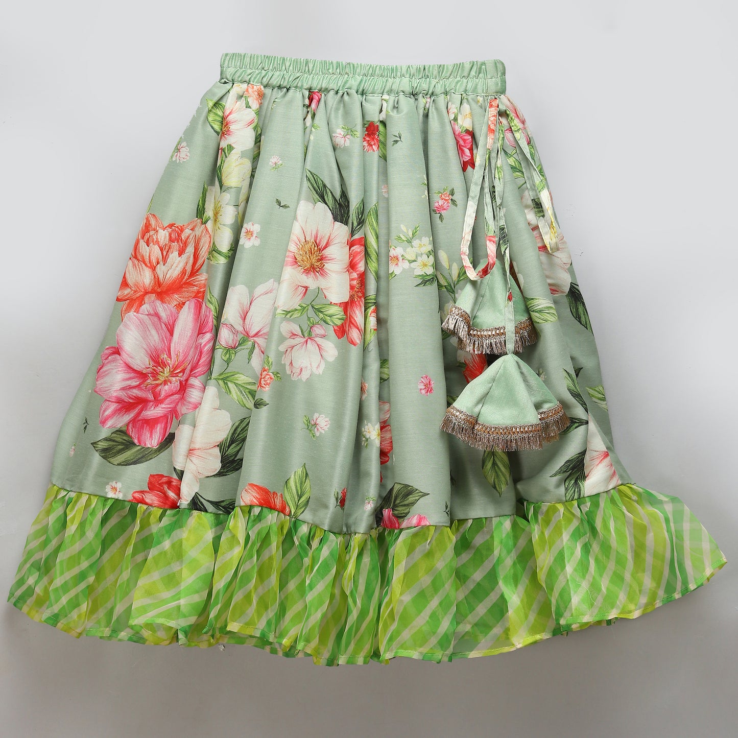 Floral printed off shoulder lehnga set with attached dupatta