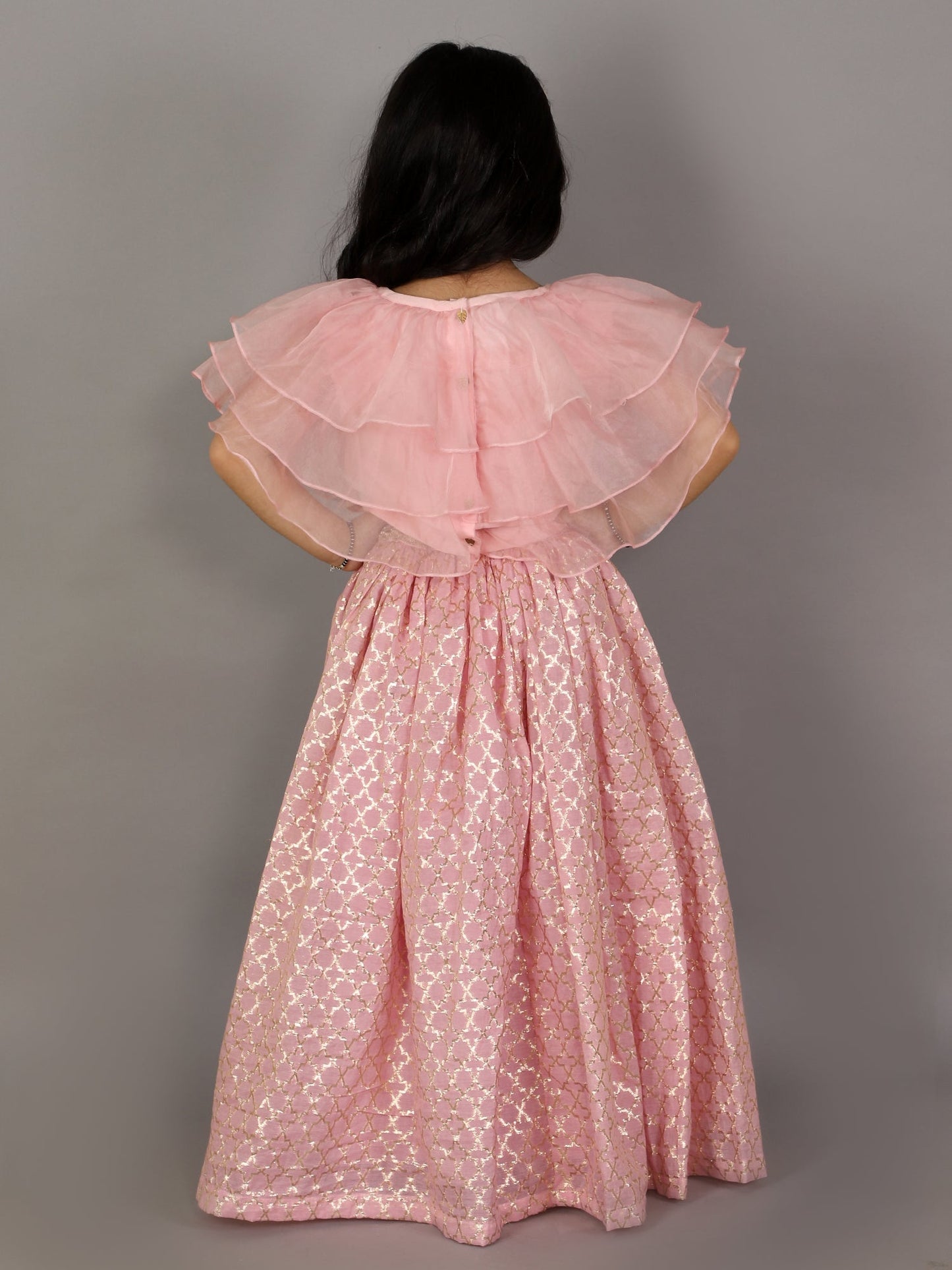 Light Pink Organza Ruffled blouse with Cotton Zari Lehnga (Sale)