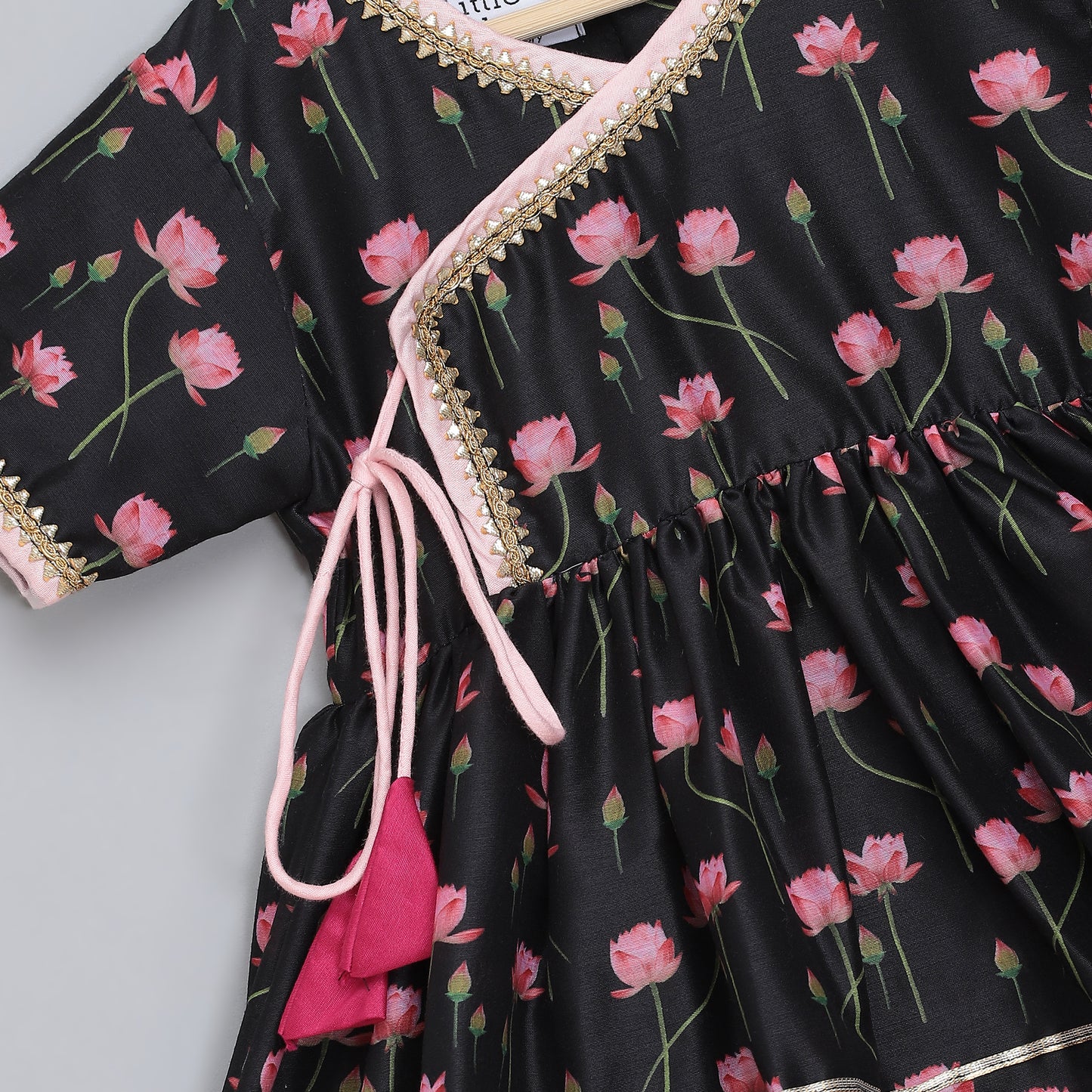 Black Pink Lotus print Angrakha dhoti set