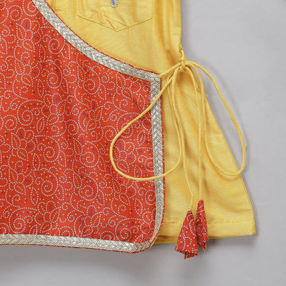 Yellow and Coral printed angrakha style set