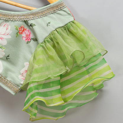 Floral printed off shoulder lehnga set with attached dupatta