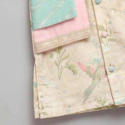 Parrot Printed Kurta Pyjama with Attached pastel jacket (Sale)