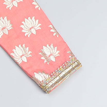 peach lotus print with yoke embroidery kurta payjama set