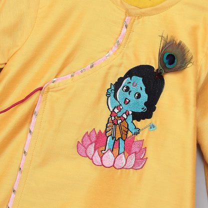 Yellow Krishna Embroidered Angrakha Kurta Dhoti  Set