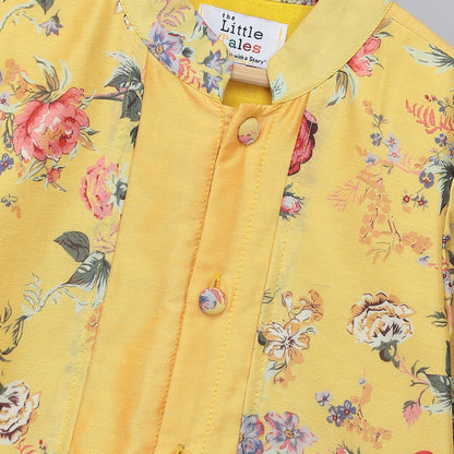 Yellow Kurta Pyjama with Attached printed jacket