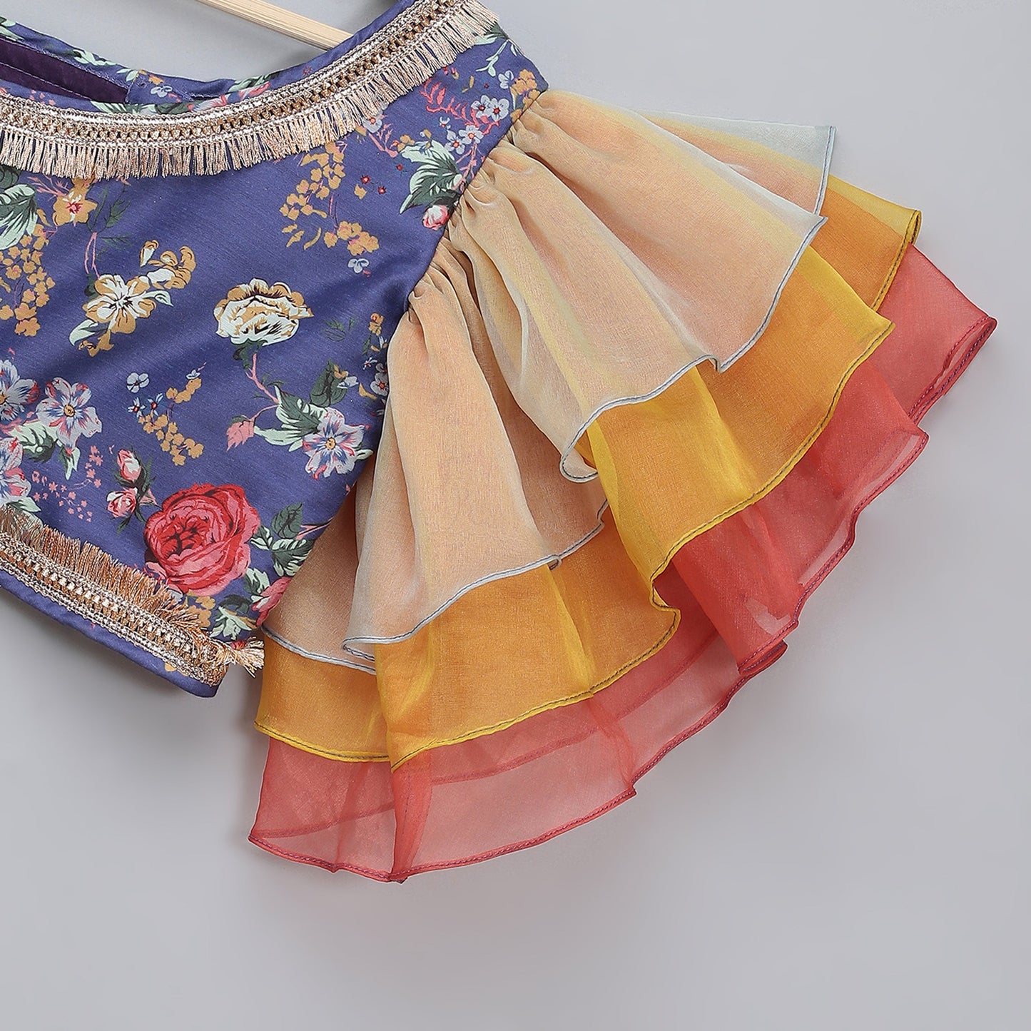 Purple Floral printed off shoulder lehnga set with attached dupatta (Sale)