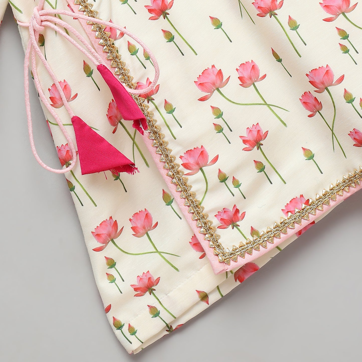 Off white / baby pink lotus Print Kurta Dhoti set