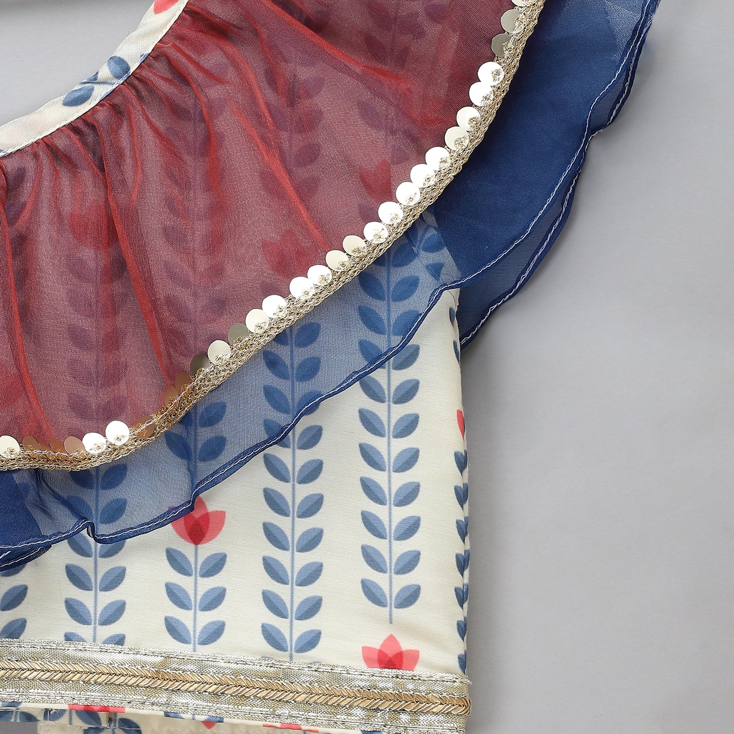 Off White printed off shoulder ruffled blouse lehnga set