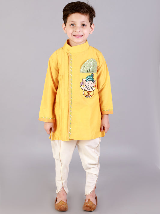 Mustard Ganpati Embroidered Kurta Dhoti  Set
