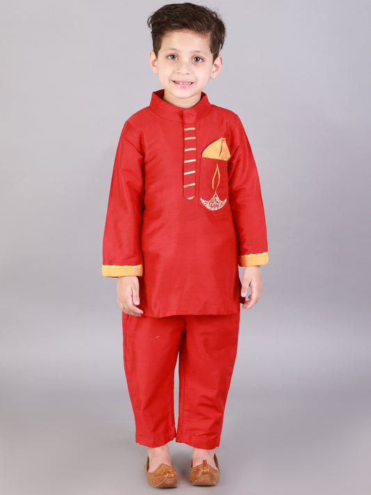 Red Fire Lamp embroidred Kurta with Beige Pyjama