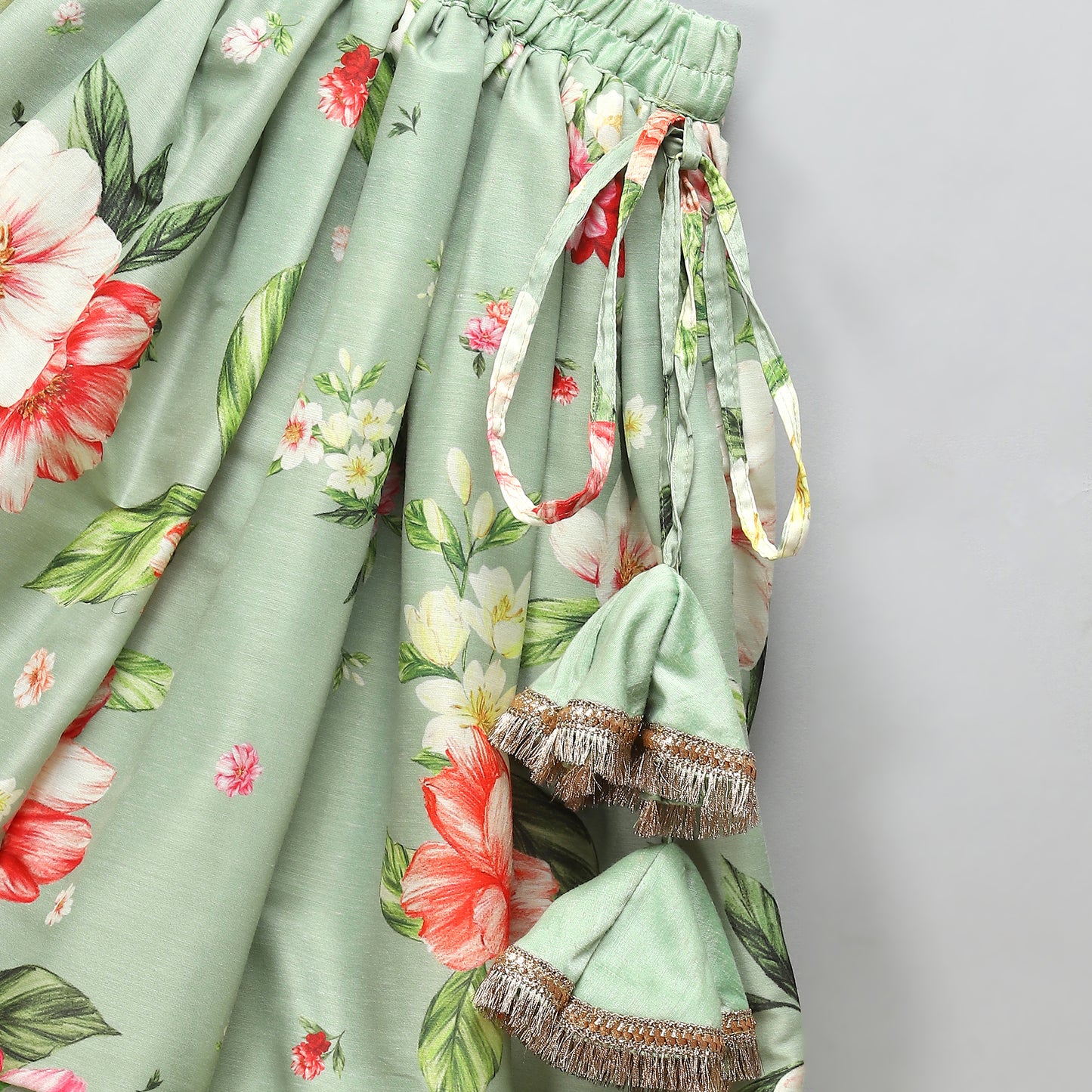 Floral printed off shoulder lehnga set with attached dupatta