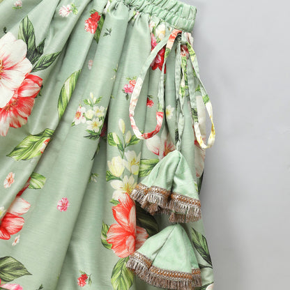 Floral printed off shoulder lehnga set with attached dupatta