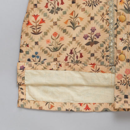 Beige Diamond Mughal printed Kurta Pyjama set