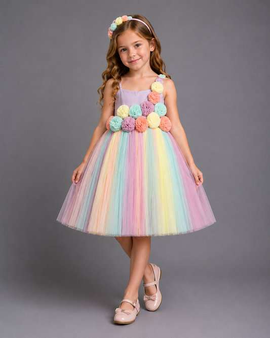 Multi Colored 3D Flower  Net Dress