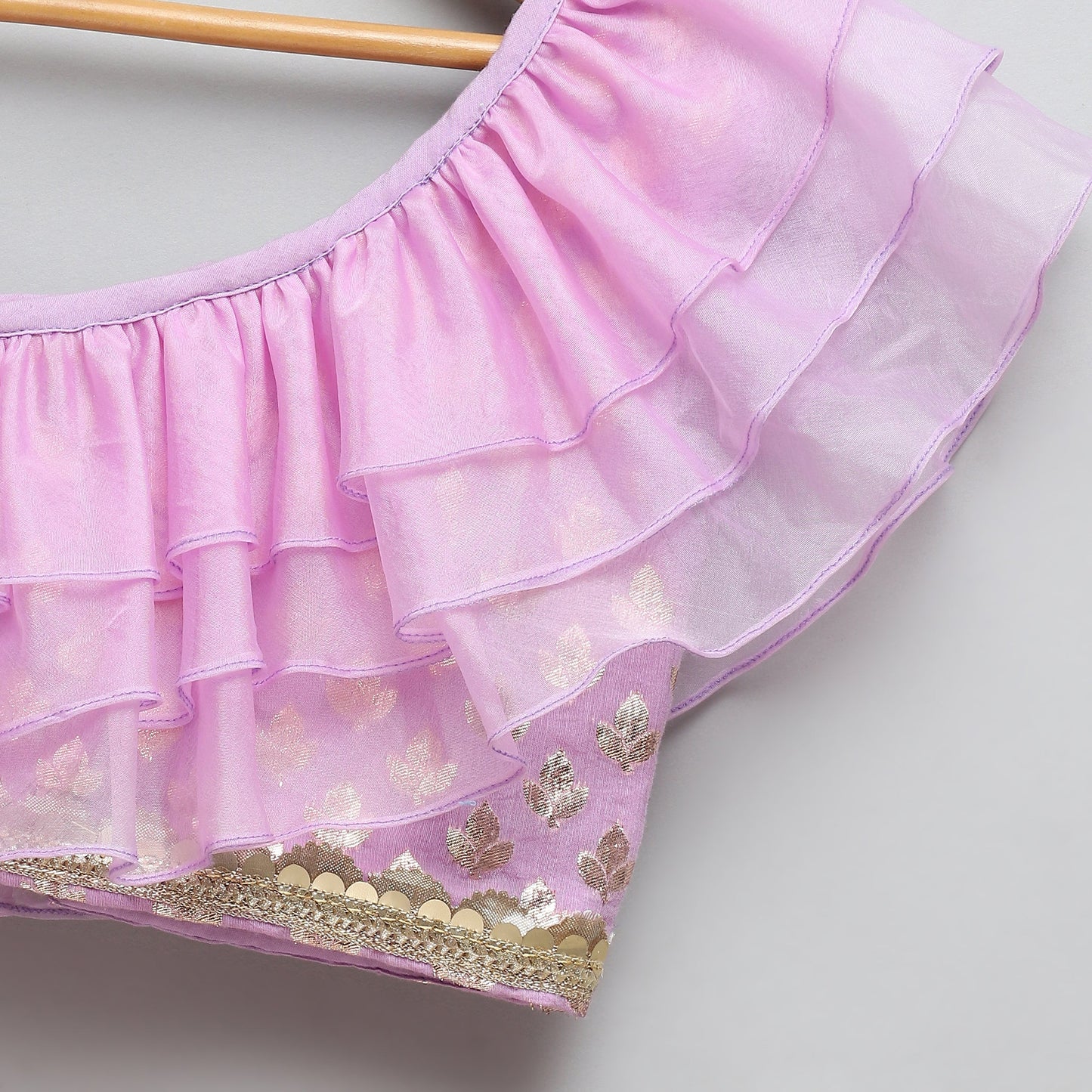 Lavendar Off shoulder organza frill chanderi lehnga set (Sale)