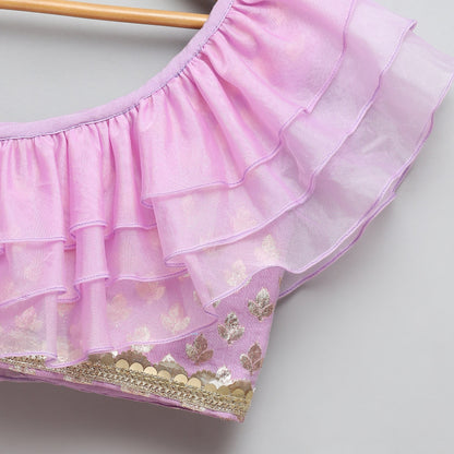 Lavendar Off shoulder organza frill chanderi lehnga set (Sale)