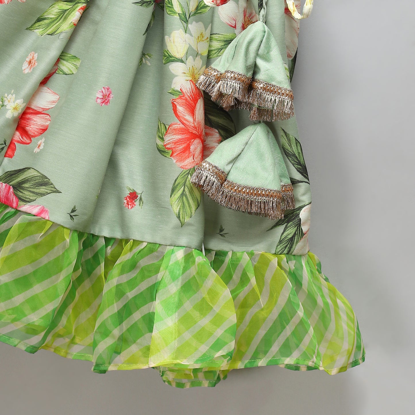 Floral printed off shoulder lehnga set with attached dupatta