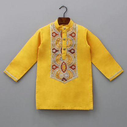 Embroidered Mustard Kurta And Off White White Pyjama