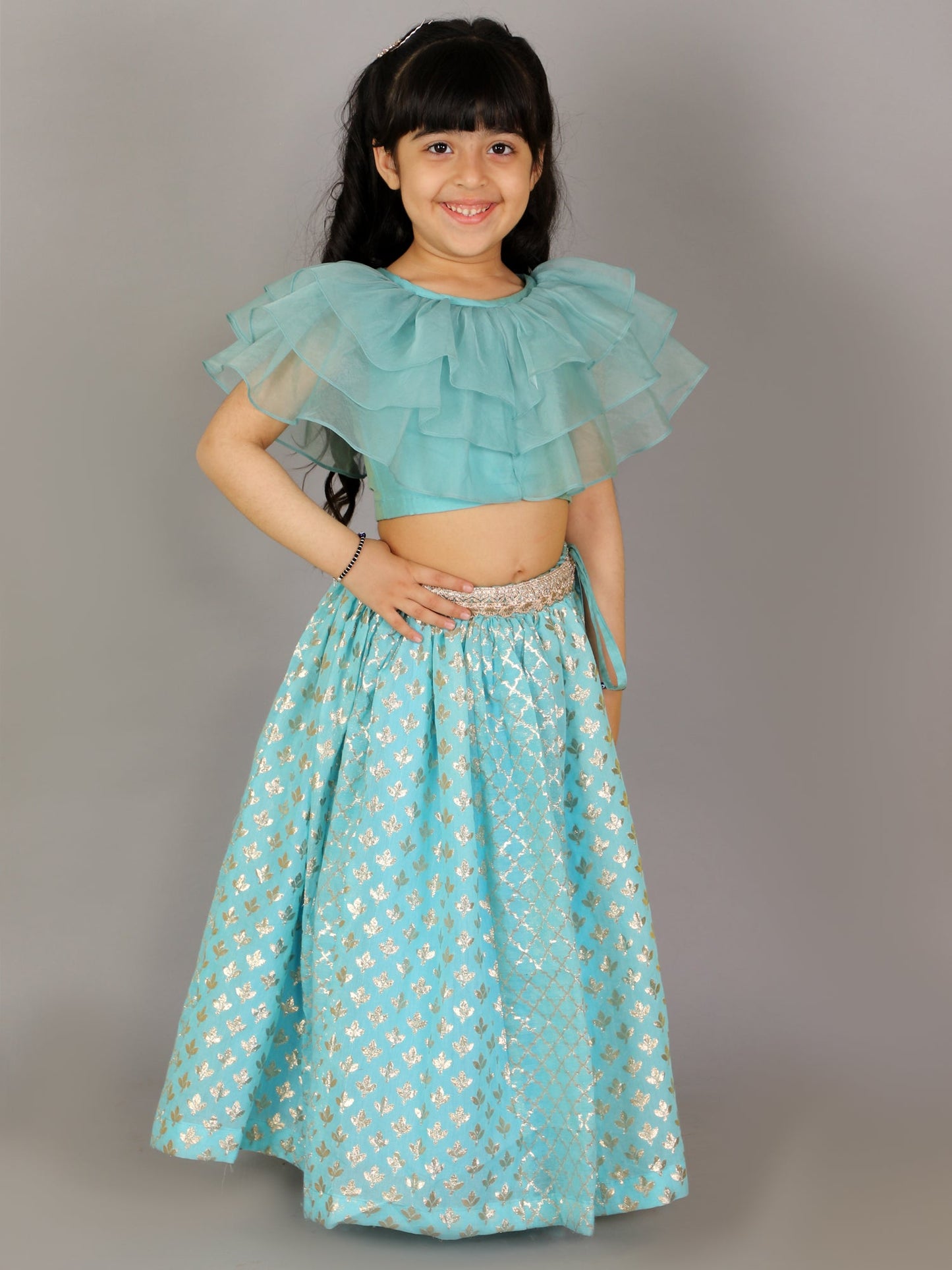 Blue Organza Ruffled blouse with Cotton Zari Lehnga (Sale)
