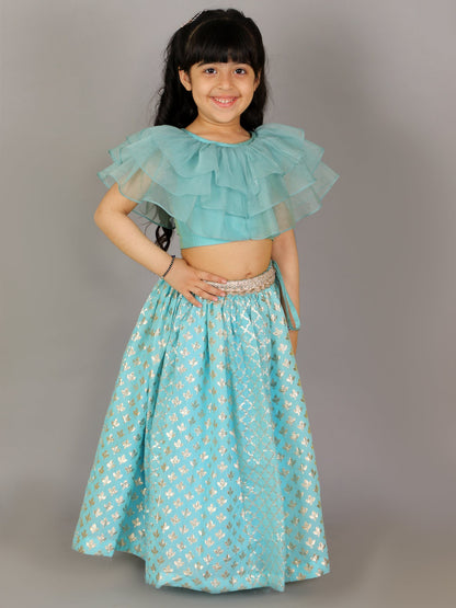 Blue Organza Ruffled blouse with Cotton Zari Lehnga (Sale)