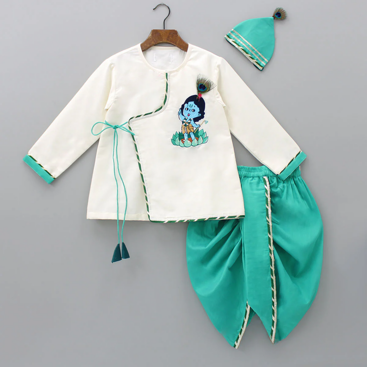 Green  Krishna Embroidered Angrakha Kurta Dhoti  Set