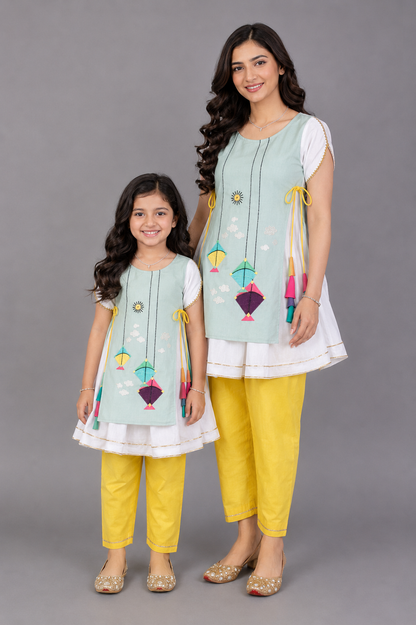 Kite Embroidered Blue white frock Pyjama set