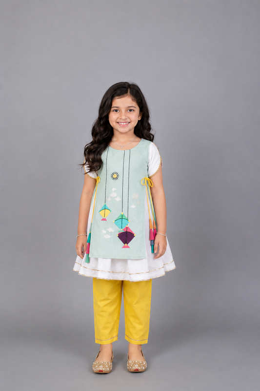 Kite Embroidered Blue white frock Pyjama set