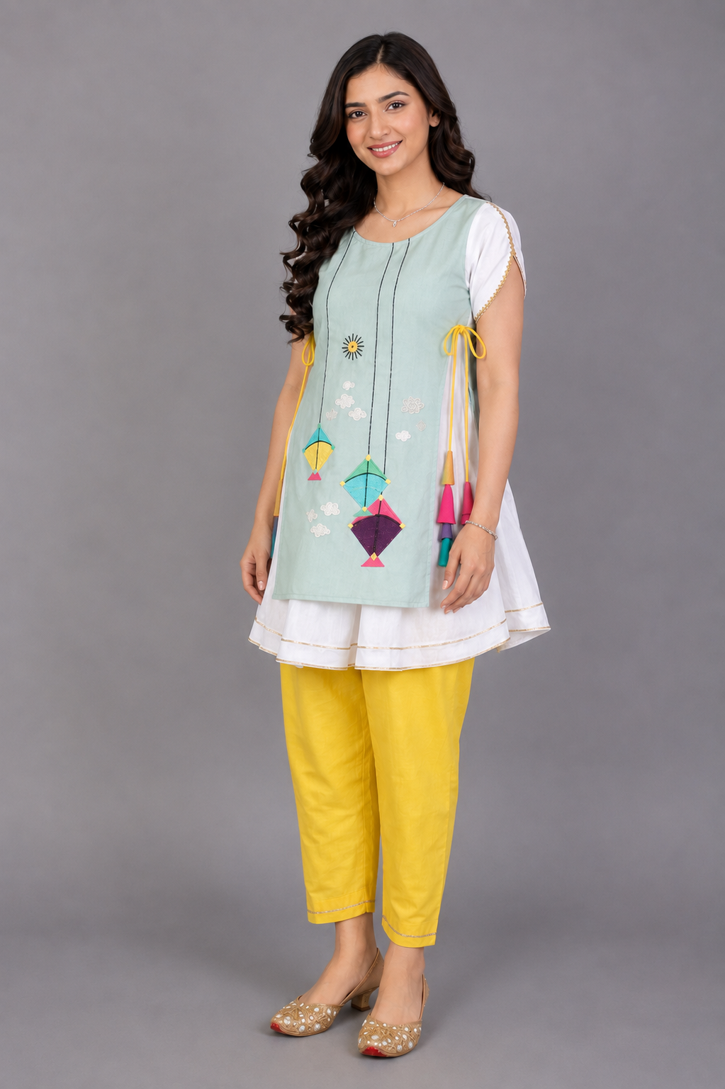 Kite Embroidered Blue white frock Pyjama set