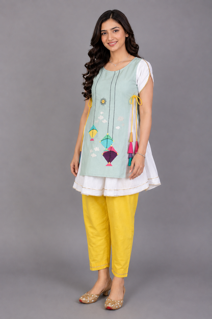 Kite Embroidered Blue white frock Pyjama set