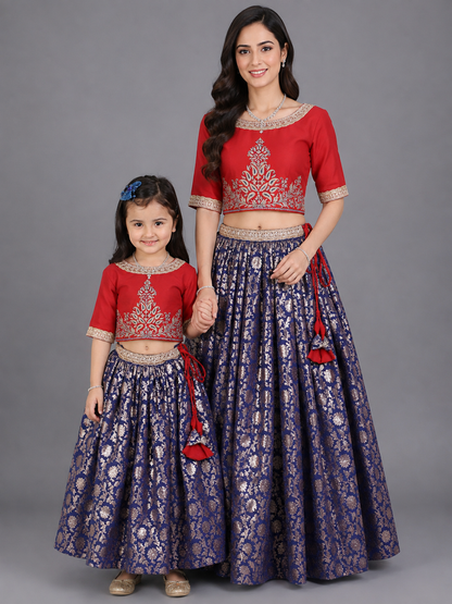 Red and Blue Zari embroidery Lehnga set