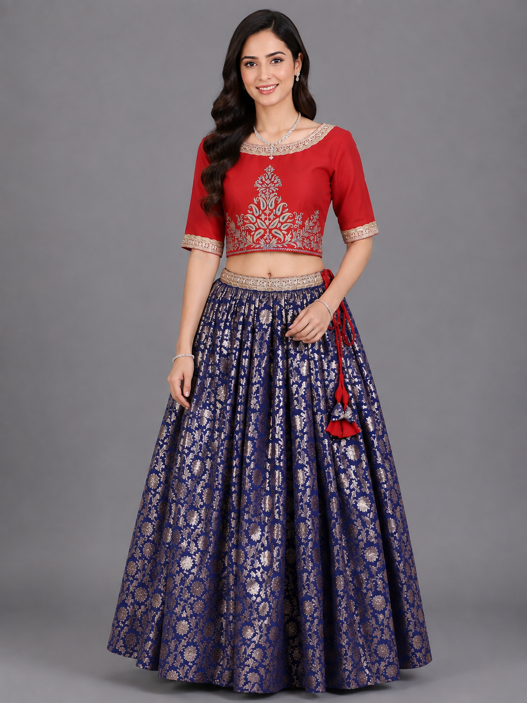 Red and Blue Zari embroidery Lehnga set