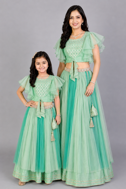 Green Zari Organza Blouse with Net lehnga