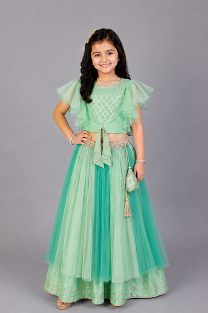 Green Zari Organza Blouse with Net lehnga