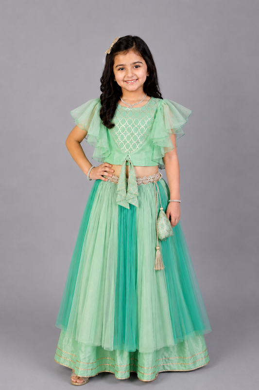 Green Zari Organza Blouse with Net lehnga