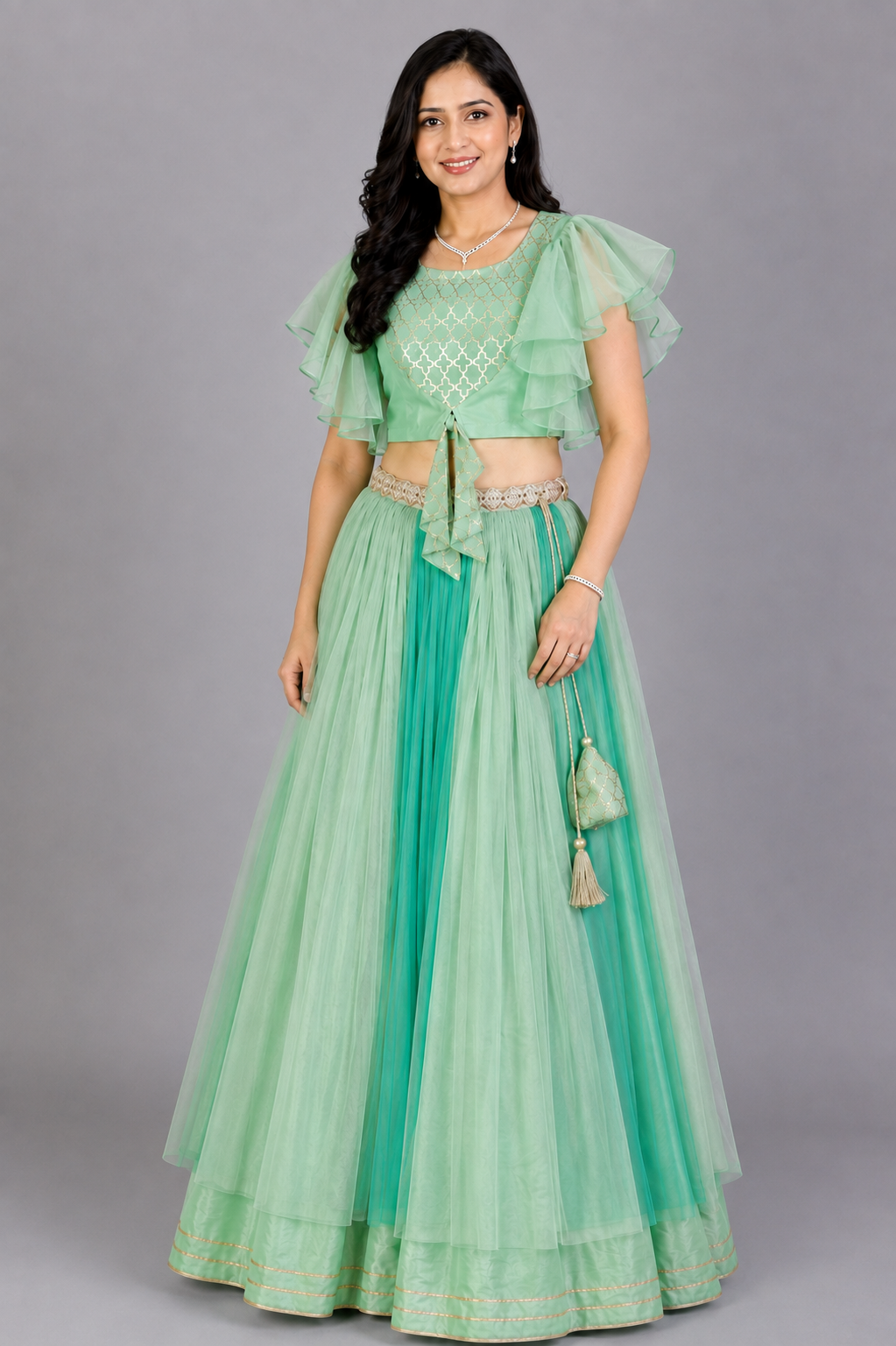 Green Zari Organza Blouse with Net lehnga