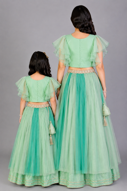 Green Zari Organza Blouse with Net lehnga