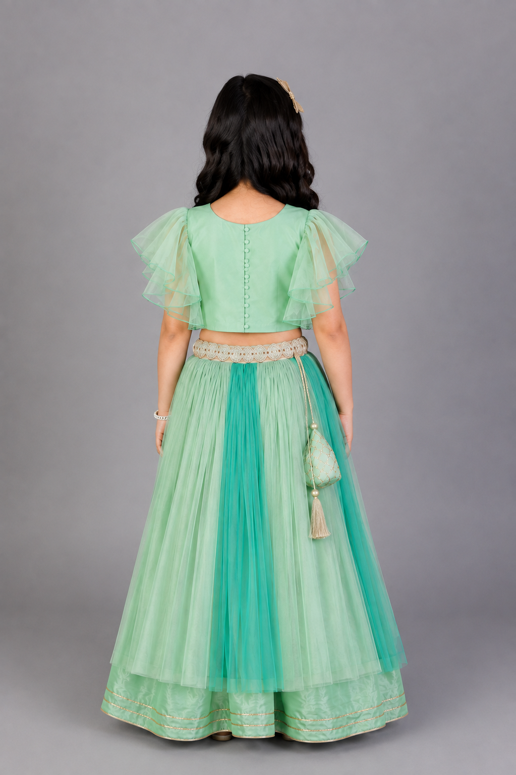 Green Zari Organza Blouse with Net lehnga