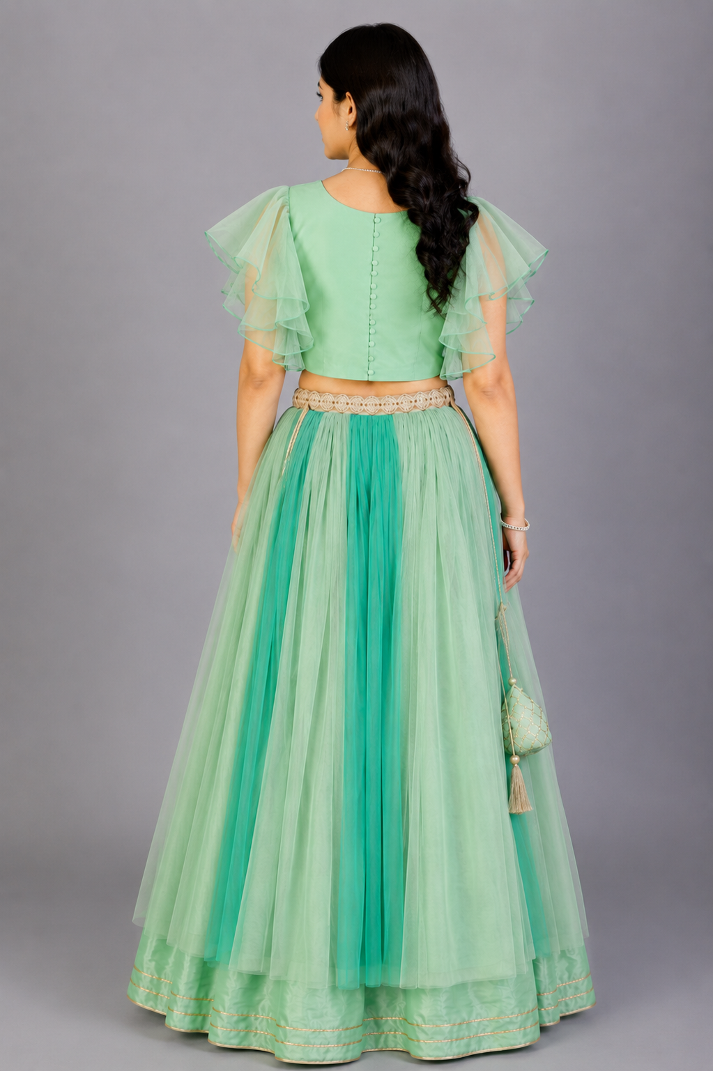 Green Zari Organza Blouse with Net lehnga