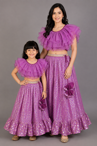 Purple Organza Frilled Blouse with cotton Zari lehnga