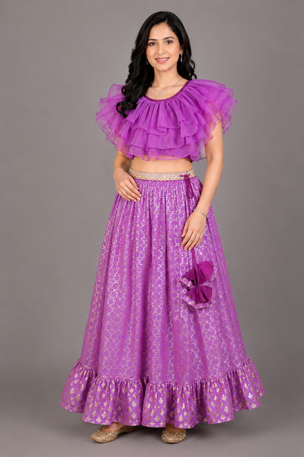 Purple Organza Frilled Blouse with cotton Zari lehnga