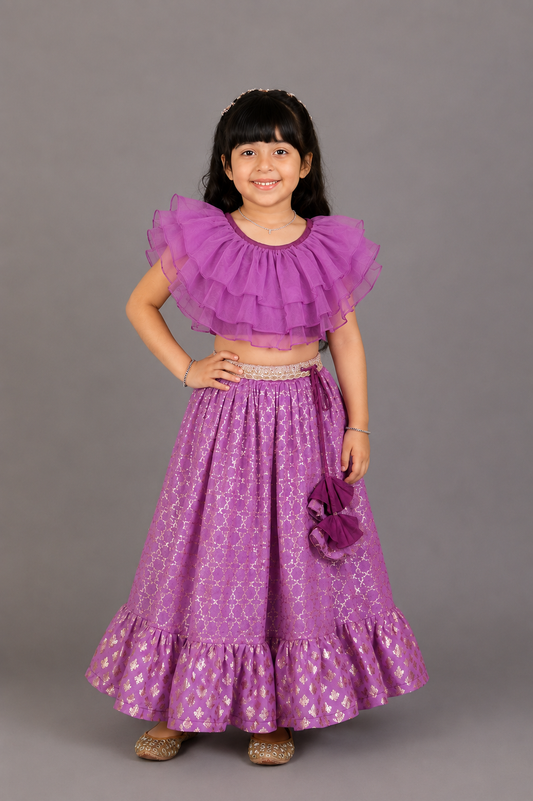 Purple Organza Frilled Blouse with cotton Zari lehnga