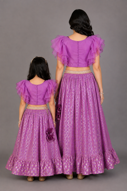 Purple Organza Frilled Blouse with cotton Zari lehnga