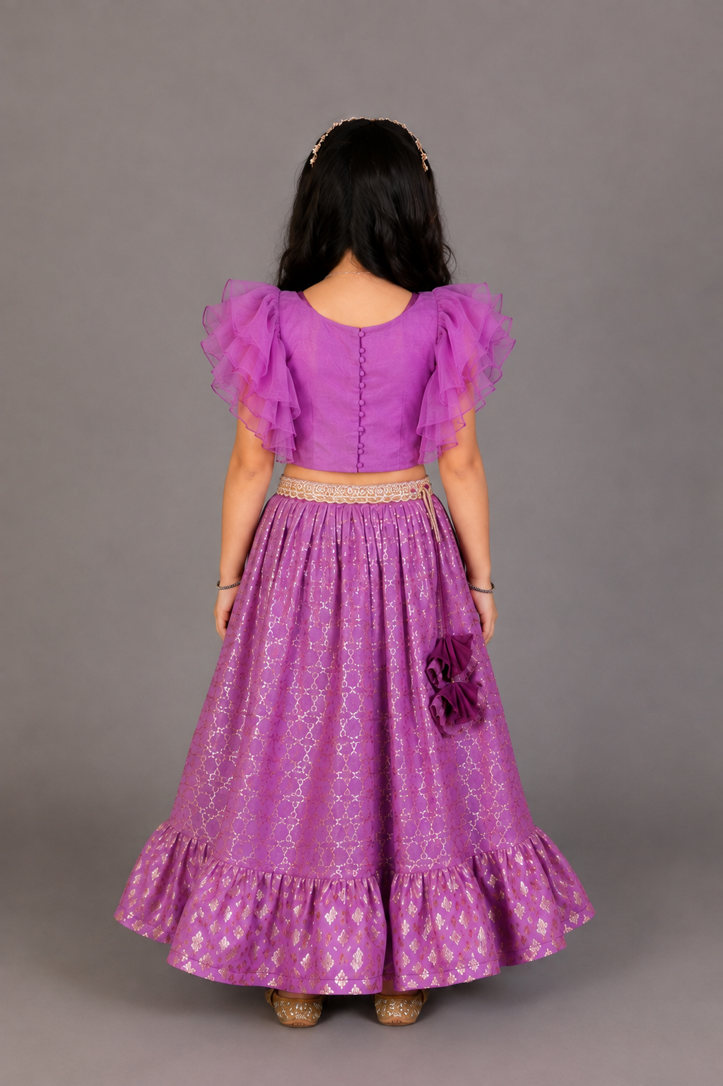 Purple Organza Frilled Blouse with cotton Zari lehnga