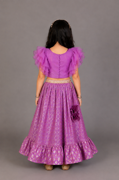 Purple Organza Frilled Blouse with cotton Zari lehnga