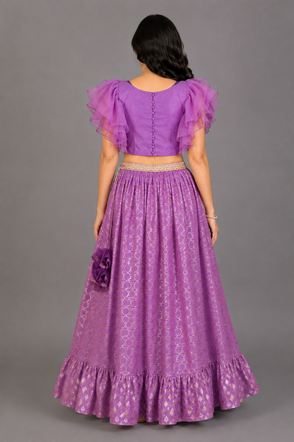 Purple Organza Frilled Blouse with cotton Zari lehnga